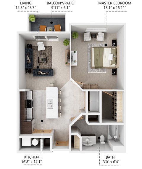 Floor plan for 1 bed, 1 bath, 735 sqft